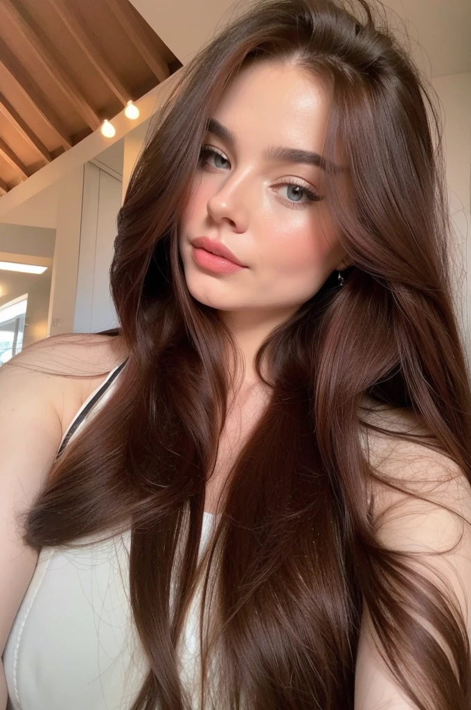 Professional photograph, best quality, 8K, hyper detailed, upper body, selfie photo. A close up portrait of a Gorgeous, pretty, warm-hearted, kind-hearted, good-hearted, stunning, cheerful, sweet, polite, sensitive, sensible, shiny, charming, alluring, dreamy, graceful, majestic, classy, stylish, flowing super long wavy red brown haired argentinian woman, flowing hair, silky hair, glowing hair, ethereal argentinian beauty, exotic argentinian beauty, timeless argentinian beauty, dream argentinian beauty. She has the cutest face, beaming countenance, fair porcelain skin, soft make-up, red lipstick, she is wearing a black leather jacket, and a pink scarf.
