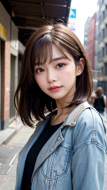 (((Shoulder-length straight brown hair mini bob)))、(((目が細くlight eye makeup)))、(((standing alone on the rider'Leather jacket against the backdrop of a New York alley at night.)))、(((Please come wearing clothes that cover your arms.)))、Half Japanese and Korean、18 year old girl、independent、facing forward、light eye makeup、brown hair color、flat 、hair blowing in the wind、quality of actress、shiny, super realistic face、smileの表情、Moist eyes、look up、Calming lighting effects、 ultra-realistic capture、very detailed、High resolution 16K close-up of human skin。Skin texture must be natural、Must be so detailed that pores are visible、skin is healthy、Must be an even tone、Use natural light and color、High quality photos taken by a modeling agency'Exclusive photographer、smile