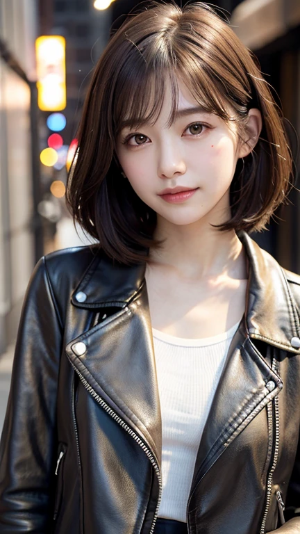 (((Shoulder-length straight brown hair mini bob)))、(((目が細くlight eye makeup)))、(((standing alone on the rider&#39;Leather jacket against the backdrop of a New York alley at night.)))、(((Please come wearing clothes that cover your arms.)))、Half Japanese and Korean、18 year old girl、independent、facing forward、light eye makeup、brown hair color、flat 、hair blowing in the wind、quality of actress、shiny, super realistic face、smileの表情、Moist eyes、look up、Calming lighting effects、 ultra-realistic capture、very detailed、High resolution 16K close-up of human skin。Skin texture must be natural、Must be so detailed that pores are visible、skin is healthy、Must be an even tone、Use natural light and color、High quality photos taken by a modeling agency&#39;Exclusive photographer、smile
