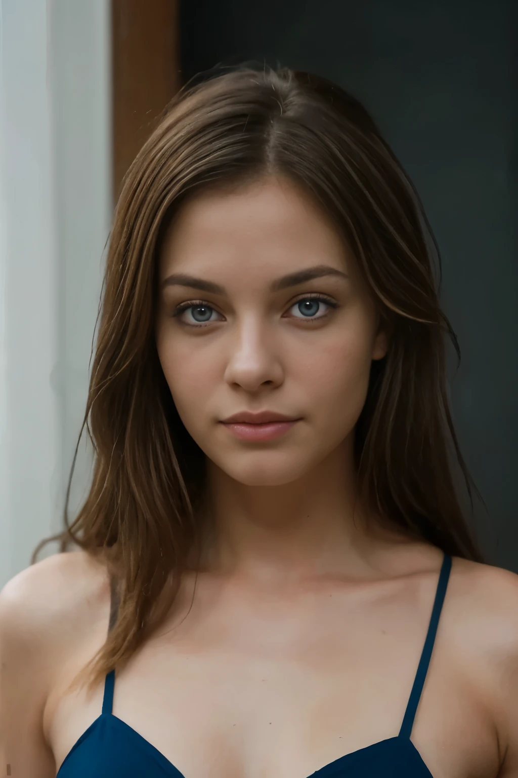 1 girl, solo, 28 years old, caucasian brunette, her name is erica, (nordic blue eyes), realistic skin, ((skin texture)), (((skin pores))), ((ugly:1.5)), RAW, low resolution