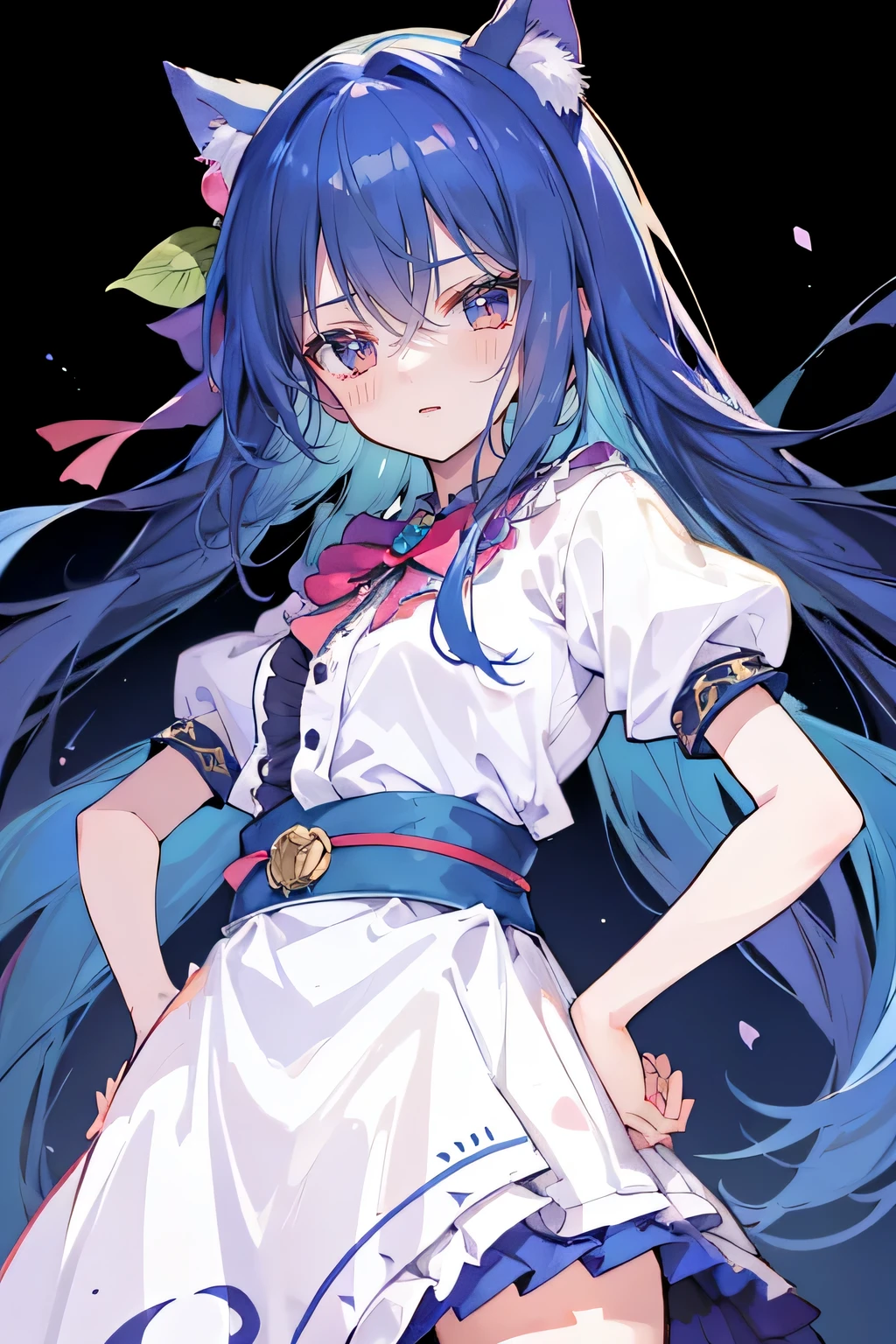 (masterpiece),best quality, expressive eyes, perfect face, 1girl,
Put your hands on your waist,fair, Gorgeous,Japanese cartoons,girl,lola,Hina Angel, blue hair, blue haired, floating clothes,Grab your waist, Grab your waist, hands on hips , hands on hips,flat chest,cat ear,