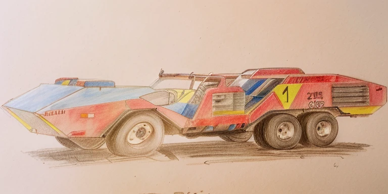 drawing of a red and blue truck with a crane on the back, coche de carreras, coche de carreras, A colored pencil sketch, trophy truck, colorized pencil, dibujado en papel, por Dirk Crabeth, detalle agregado, por Brigette Barrager, colorized pencil sketch, inspirado en Dick Bickenbach, the desert is in colored pencil, por Karl Volker heco a real