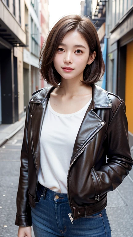 (((Shoulder-length straight brown hair mini bob)))、(((目が細くlight eye makeup)))、(((standing alone on the rider&#39;Leather jacket against the backdrop of a New York alley at night.)))、(((Please come wearing clothes that cover your arms.)))、Half Japanese and Korean、18 year old girl、independent、facing forward、light eye makeup、brown hair color、flat 、hair blowing in the wind、quality of actress、shiny, super realistic face、smileの表情、Moist eyes、look up、Calming lighting effects、 ultra-realistic capture、very detailed、High resolution 16K close-up of human skin。Skin texture must be natural、Must be so detailed that pores are visible、skin is healthy、Must be an even tone、Use natural light and color、High quality photos taken by a modeling agency&#39;Exclusive photographer、smile
