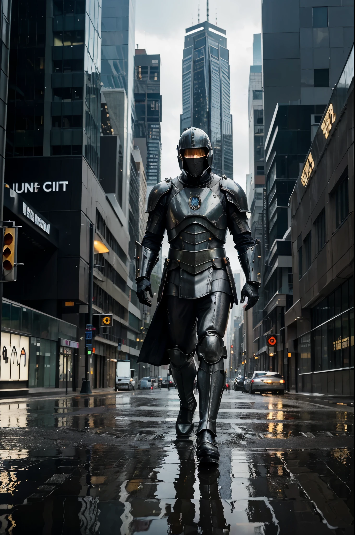 A man in armor walking through a puddle of water, antipodeans, today's city (best quality, 4k, highres, masterpiece:1.2), ultra-detailed, realistic:1.37, HDR, studio lighting, extreme detail description, professional, portraits, landscape, vivid colors, rusty colors, urban decay, dramatic lighting, shining armor, shiny wet surface, bustling city streets, rainy atmosphere, modern skyscrapers, contrasting architecture, futuristic elements