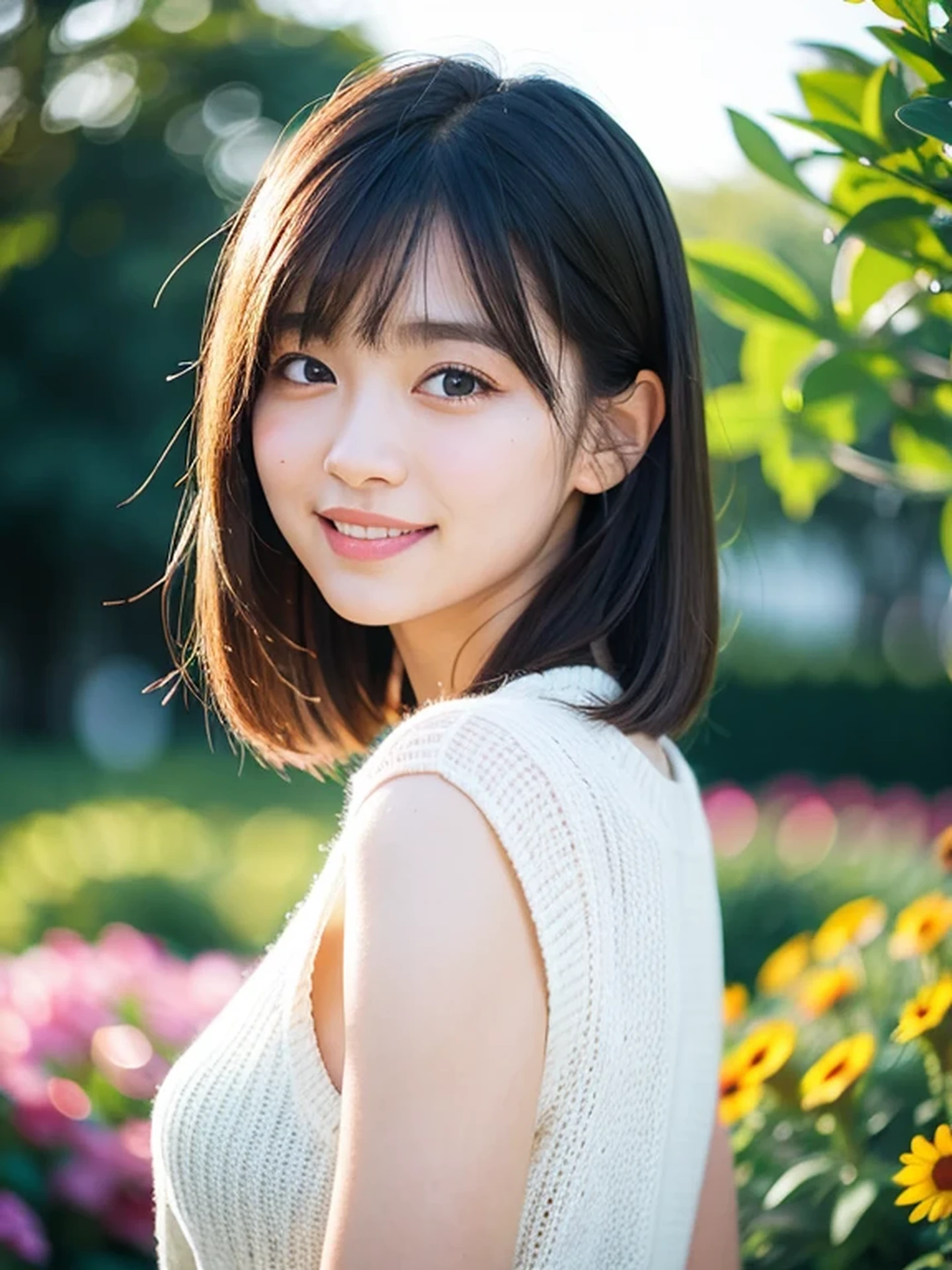 masterpiece, Best Quality, Raw photo, 8K, ultra-detailed face, 1girl, Beautiful detailed skin, backlight, soft light, bashful, (shoot from front:1.2), smile, Luminescent, Anatomically correct, Medium hair swaying in the wind, bangs, Eyes and faces with detailed, Textured skin, Professional Photography, Bokeh, Portrait, Professional Lighting, Solo, Cute, Girly, Film grain, sweater, flower garden