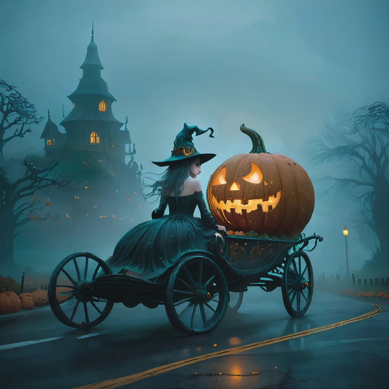 Sea temperature, Dark witch riding a magical pumpkin carriage leisurely on a city road, Beautifully carved decoration，Glow from the inside out, foggy, Want to know, dark fairy tale charm, Magic car, A stark contrast to typical secular reality.