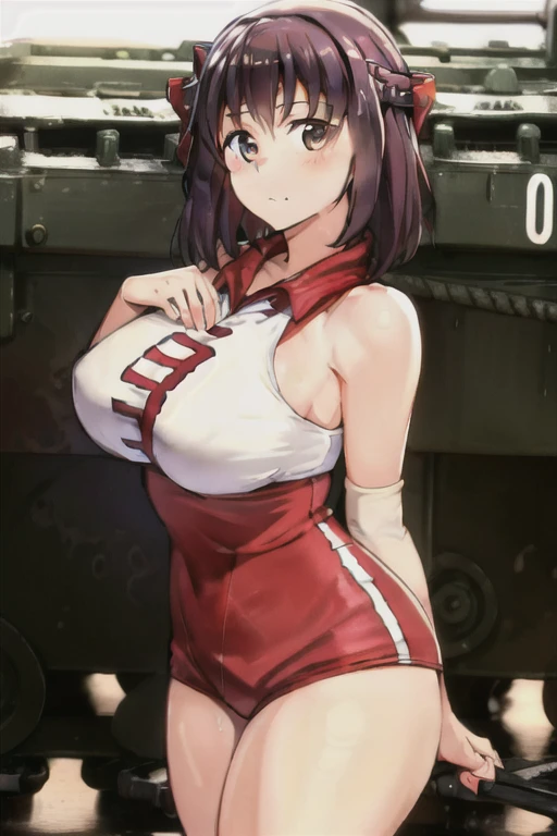 (best quality, masterpiece, megami magazine,ultra-detailed:1.2, Sharp, anime cels), (beautiful eyes, beautiful face, shiny skin), kondou taeko, (girls und panzer:1.5), midium hair, 1girl, solo, large breasts, (red headband, sportswear, sleeveless), navel,
looking at viewer, (perfect detailed anatomy, perfect detailed arms, perfect body),