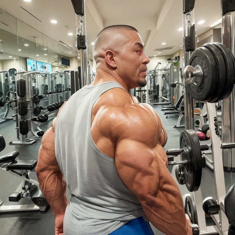 (one or two bodybuilders:1.4), (back view:1.4), (tank top:1.4), (at gym:1.4), 40's, Japanese man, manly face, fat face, (round face:1.4), (monolid eyes:1.2), (buzz cut:1.4), very large and strong body, bulky body, beefy muscles, (bulging muscles:1.4), (very large pectoral muscles:1.4), (muscular arms:1.4), muscular abs, muscular legs, muscular back, brightens oily skin, master piece, (realistic:1.4), panorama, distant view