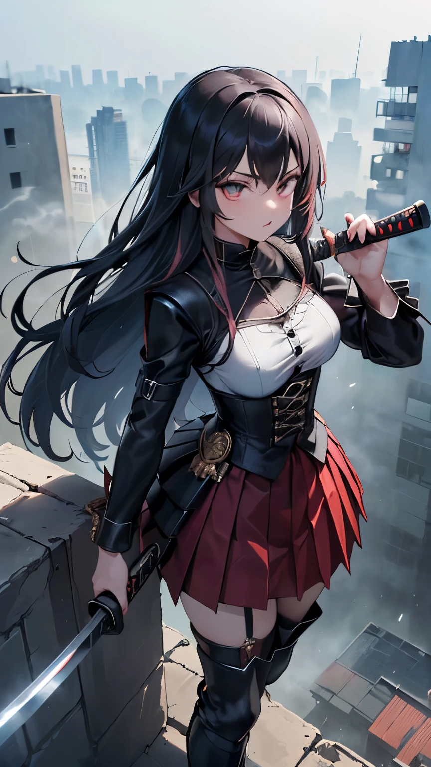 ((Sozinho)) ((obra de arte)) ((alta qualidade)) ((rosto perfeito)) ((seios pequenos)) ((quadris largos)) ((cintura estreita)) ((lindo)) ((cabelo preto)) ((cabelo longo)) ((pale skin)) ((button nose)) ((olhos verdes)) ((Gothic superhero armor in black with dark red details, pleated skirt and thigh-high boots)) ((she is holding a katana in her right hand, the katana has a piece of chain on the handle)) ((in her left hand she is holding a cube, um cubo preto de metal misterioso com detalhes em azul brilhoso )) ((She is on top of a building in a lifeless city, just vegetation growing on the destroyed buildings, smoke in the background and fog))