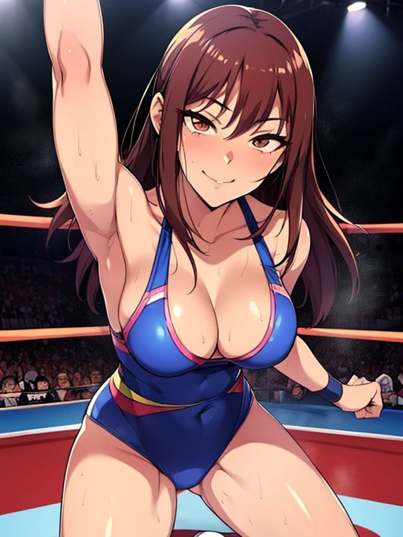 ((Best quality)), ((masterpiece)), ((anime style)), ultra detailed face, ((1 girl)), female wrestler, competition swimsuit, ((wrestling ring)), long hair, mature, milf, 30s, sweaty armpit, very sweaty, standing, victory pose, looking at viewer, highleg, smile, determined, victorious,