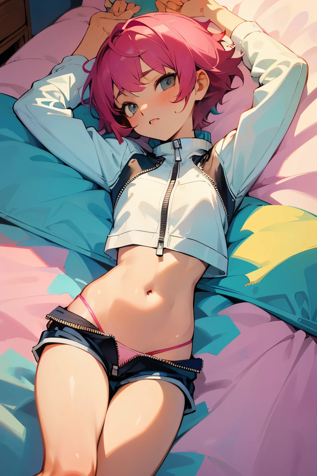 nsfw,(masterpiece, highest quality), Bedroom, 1 girl, , , ,anatomically correct body, flat chest, (crop top), (shorts with zipper removed), (open fly), (kids panties), in a colorful Bedroom, lying in bed, From above, morning, bright sunlight, white, bright colors, watercolor、short cut hair、Sweat