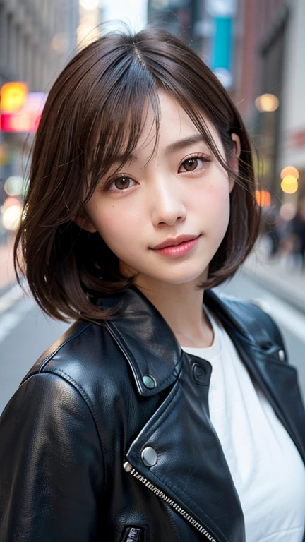 (((Shoulder-length straight brown hair mini bob)))、(((目が細くlight eye makeup)))、(((standing alone on the rider'Leather jacket against the backdrop of a New York alley at night.)))、(((Please come wearing clothes that cover your arms.)))、Half Japanese and Korean、18 year old girl、independent、facing forward、light eye makeup、brown hair color、flat 、hair blowing in the wind、quality of actress、shiny, super realistic face、smileの表情、Moist eyes、look up、Calming lighting effects、 ultra-realistic capture、very detailed、High resolution 16K close-up of human skin。Skin texture must be natural、Must be so detailed that pores are visible、skin is healthy、Must be an even tone、Use natural light and color、High quality photos taken by a modeling agency'Exclusive photographer、smile