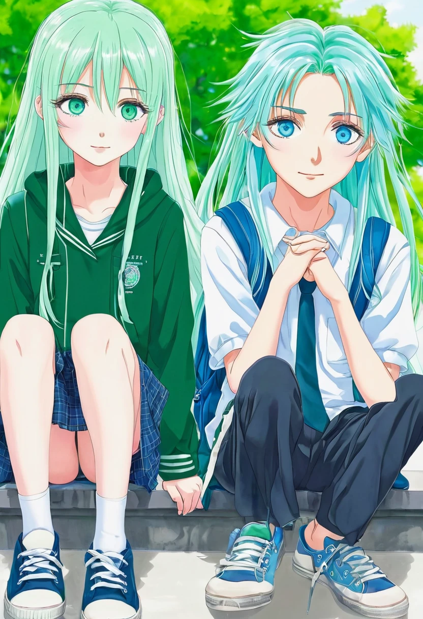 An anime girl with blue eyes and long green hair, school clothes and school shoes, with a boy who has white hair and blue eyes.