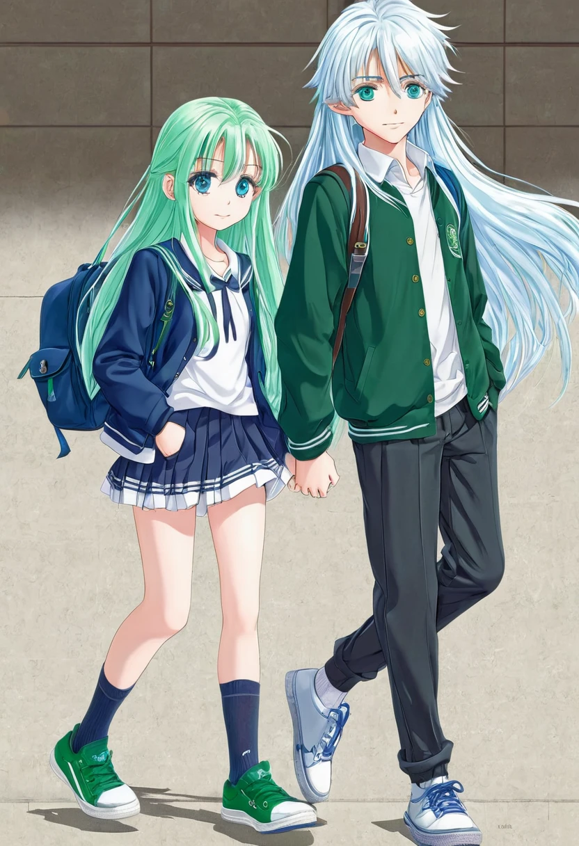 An anime girl with blue eyes and long green hair, school clothes and school shoes, with a boy who has white hair and blue eyes. 