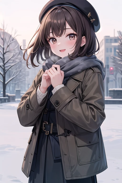 solo girl, 20-year-old,medium hair, dark brown hair, brown eyes, Medium chest, Happy,pea coat,beret,fluffy scarf,maxi skirt ,outdoor, winter,snow, highest quality, High resolution, very detailed, detailed background, perfect lighting
