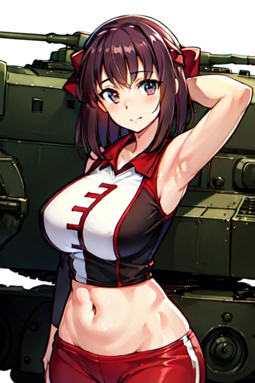 (best quality, masterpiece, megami magazine,ultra-detailed:1.2, Sharp, anime cels), (beautiful eyes, beautiful face, shiny skin), kondou taeko, (girls und panzer:1.5), midium hair, 1girl, solo, large breasts, (red headband, sportswear, sleeveless), navel,
looking at viewer, (perfect detailed anatomy, perfect detailed arms, perfect body), 