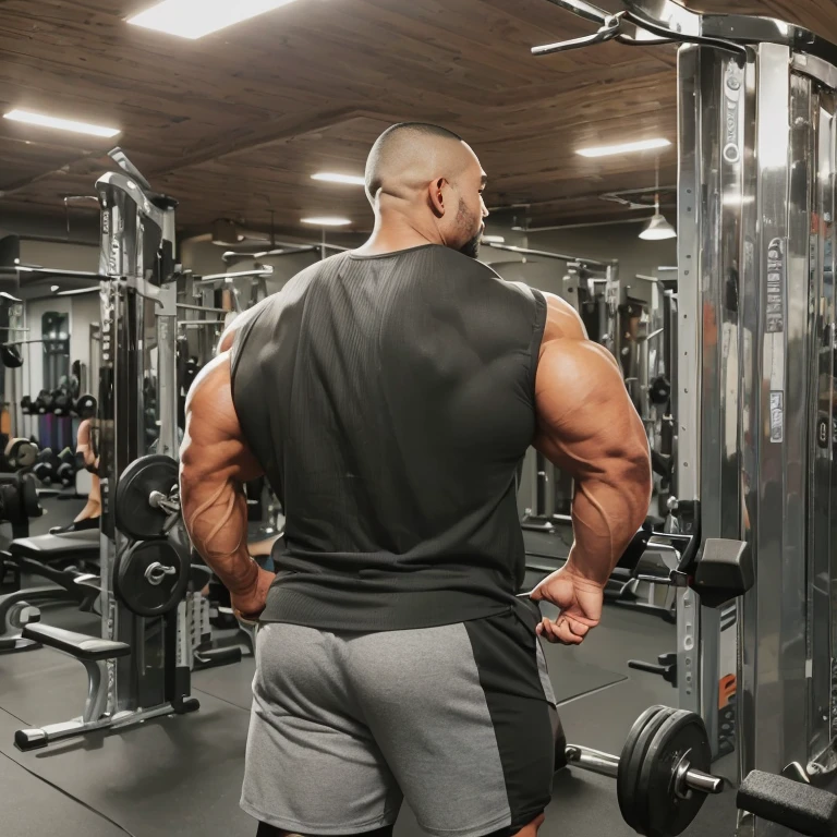 (one or two bodybuilders:1.4), (back view:1.4), (tank top:1.4), (at gym:1.4), 40's, Japanese man, manly face, fat face, (round face:1.4), (monolid eyes:1.2), (buzz cut:1.4), very large and strong body, bulky body, beefy muscles, (bulging muscles:1.4), (very large pectoral muscles:1.4), (muscular arms:1.4), muscular abs, muscular legs, muscular back, brightens oily skin, master piece, (realistic:1.4), panorama, distant view