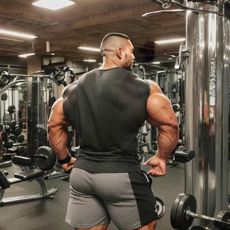 (one or two bodybuilders:1.4), (back view:1.4), (tank top:1.4), (at gym:1.4), 40's, Japanese man, manly face, fat face, (round face:1.4), (monolid eyes:1.2), (buzz cut:1.4), very large and strong body, bulky body, beefy muscles, (bulging muscles:1.4), (very large pectoral muscles:1.4), (muscular arms:1.4), muscular abs, muscular legs, muscular back, brightens oily skin, master piece, (realistic:1.4), panorama, distant view