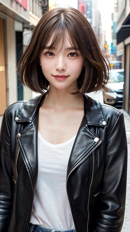 (((Shoulder-length straight brown hair mini bob)))、(((目が細くlight eye makeup)))、(((standing alone on the rider'Leather jacket against the backdrop of a New York alley at night.)))、(((Please come wearing clothes that cover your arms.)))、Half Japanese and Korean、18 year old girl、independent、facing forward、light eye makeup、brown hair color、flat 、hair blowing in the wind、quality of actress、shiny, super realistic face、smileの表情、Moist eyes、look up、Calming lighting effects、 ultra-realistic capture、very detailed、High resolution 16K close-up of human skin。Skin texture must be natural、Must be so detailed that pores are visible、skin is healthy、Must be an even tone、Use natural light and color、High quality photos taken by a modeling agency'Exclusive photographer、smile