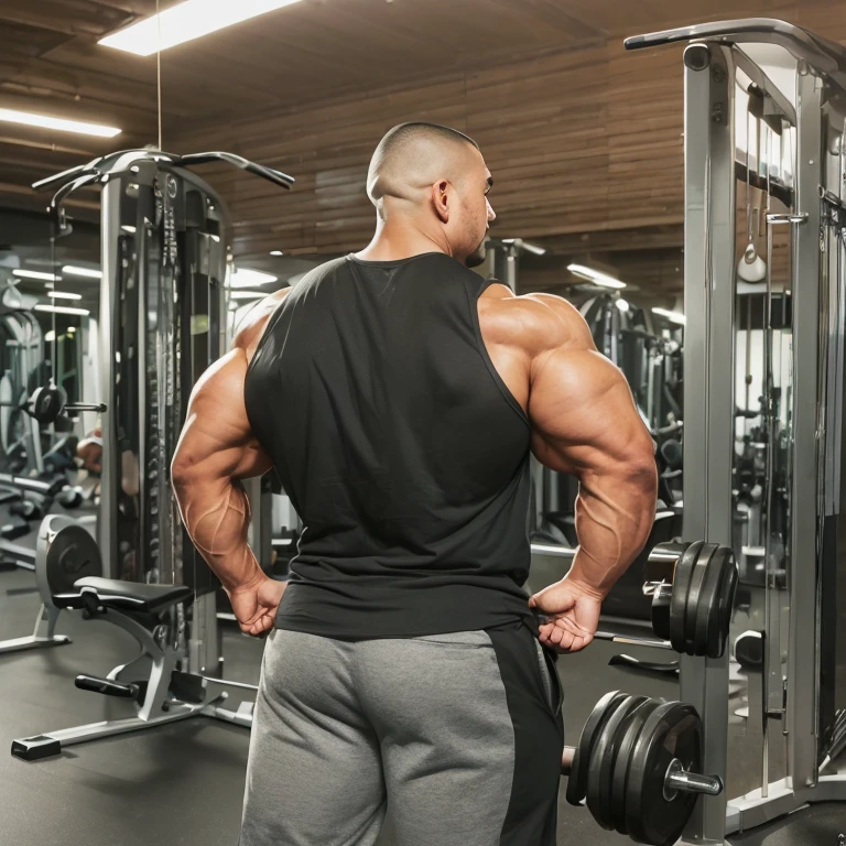 (one or two bodybuilders:1.4), (back view:1.4), (tank top:1.4), (at gym:1.4), 40's, Japanese man, manly face, fat face, (round face:1.4), (monolid eyes:1.2), (buzz cut:1.4), very large and strong body, bulky body, beefy muscles, (bulging muscles:1.4), (very large pectoral muscles:1.4), (muscular arms:1.4), muscular abs, muscular legs, muscular back, brightens oily skin, master piece, (realistic:1.4), panorama, distant view
