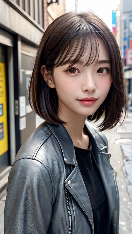 (((Shoulder length straight brown hair mini bob)))、(((目が細くlight eye makeup)))、(((standing alone on the rider&#39;Leather jacket against the backdrop of a New York alley at night.)))、(((Please come wearing clothes that cover your arms..)))、Half Japanese and Korean、18 year old girl、independent、facing forward、light eye makeup、brown hair color、flat 、hair blowing in the wind、quality of actress、shiny, super realistic face、smileの表情、Moist eyes、look up、Calming lighting effects、 ultra-realistic capture、very detailed、High resolution 16K close-up of human skin。Skin texture must be natural、Must be so detailed that pores are visible、skin is healthy、Must be even tone、Use natural light and color、High quality photos taken by a modeling agency&#39;Exclusive photographer、smile
