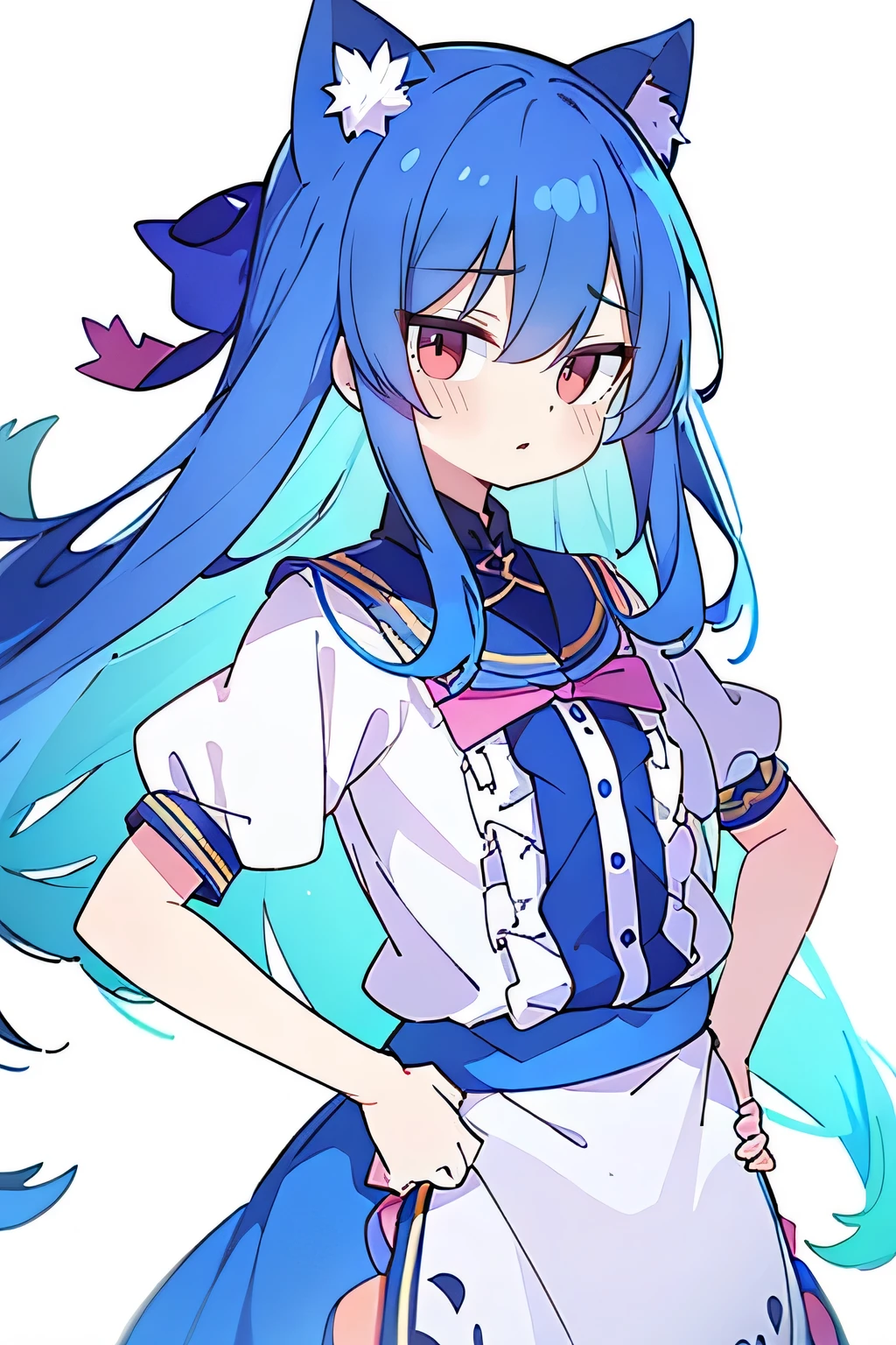 (masterpiece),best quality, expressive eyes, perfect face, 1girl,
Put your hands on your waist,fair, Gorgeous,Japanese cartoons,girl,lola,Hina Angel, blue hair, blue haired, floating clothes,Grab your waist, Grab your waist, hands on hips , hands on hips,flat chest,cat ear,