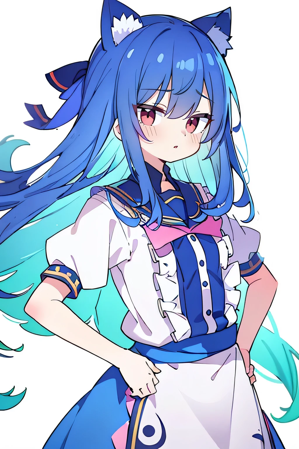 (masterpiece),best quality, expressive eyes, perfect face, 1girl,
 Put your hands on your waist,fair, Gorgeous,Japanese cartoons,girl,lola,Hina Angel, blue hair, blue haired, floating clothes,Grab your waist, Grab your waist, hands on hips , hands on hips,flat chest,cat ear,