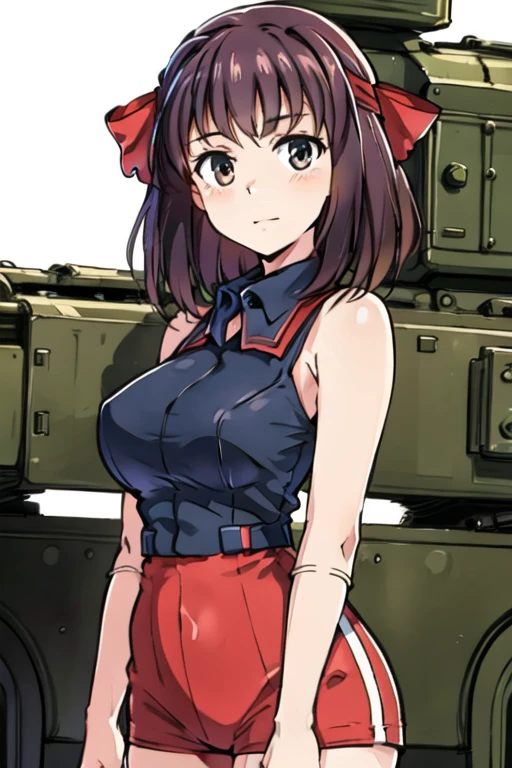 (best quality, masterpiece, megami magazine,ultra-detailed:1.2, Sharp, anime cels), (beautiful eyes, beautiful face, shiny skin), kondou taeko, (girls und panzer:1.5), midium hair, 1girl, solo, large breasts, (red headband, sportswear, sleeveless), navel,
looking at viewer, (perfect detailed anatomy, perfect detailed arms, perfect body), 