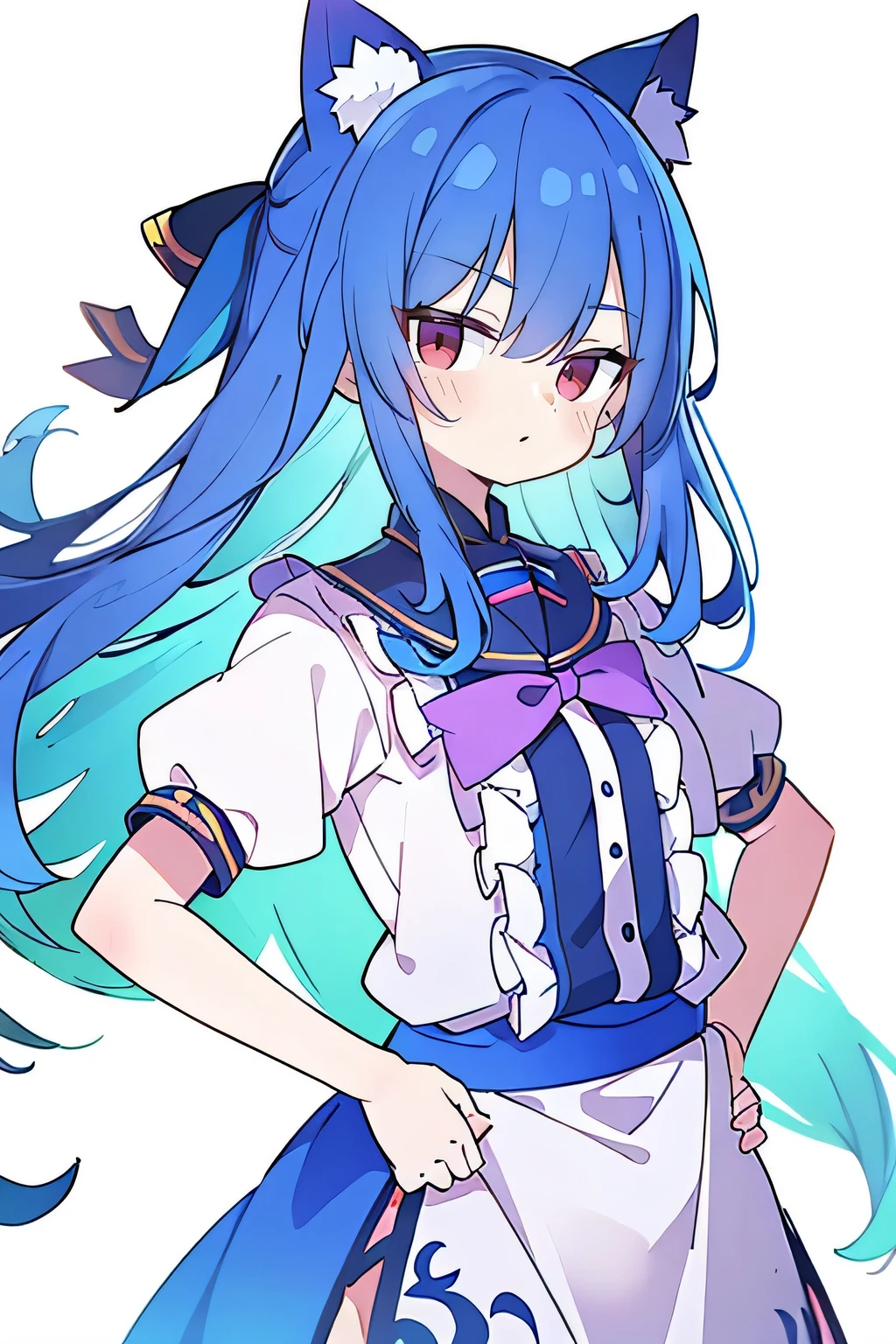 (masterpiece),best quality, expressive eyes, perfect face, 1girl,
 Put your hands on your waist,fair, Gorgeous,Japanese cartoons,girl,lola,Hina Angel, blue hair, blue haired, floating clothes,Grab your waist, Grab your waist, hands on hips , hands on hips,flat chest,cat ear,