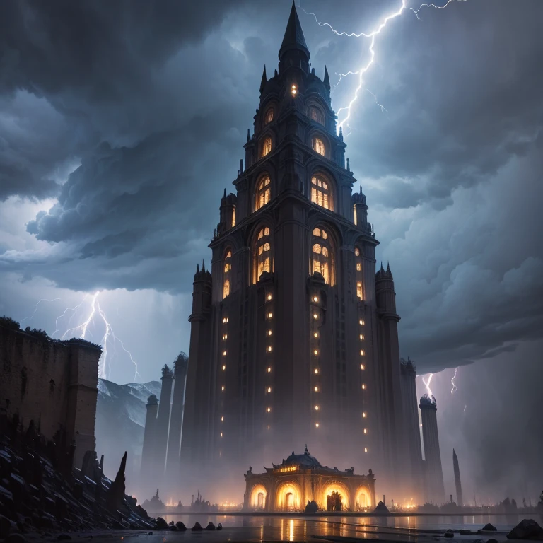 Mammoth palace, dark clouds in background, lightning bolt, heavy rain, picturesque