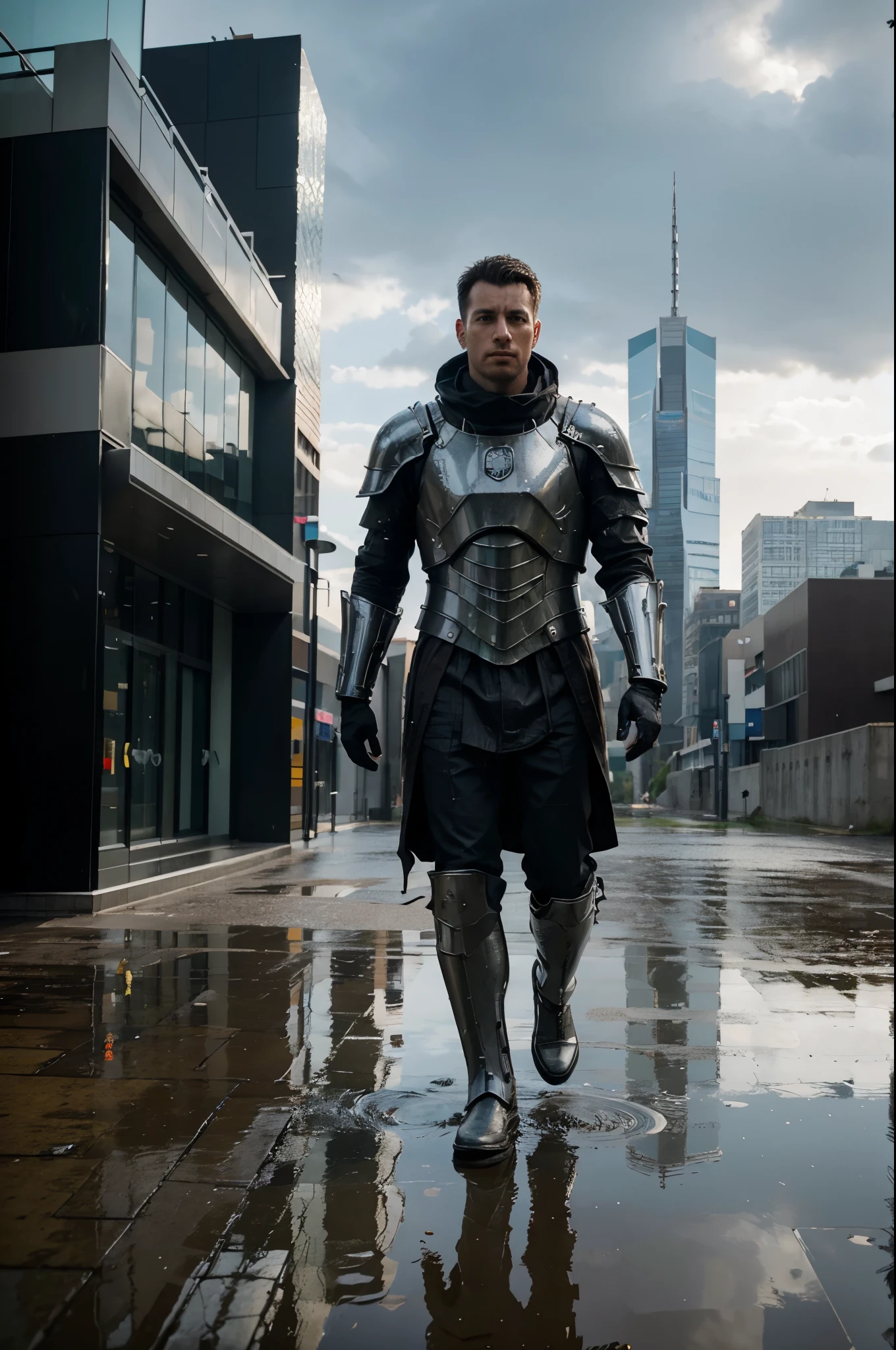A man in armor walking through a puddle of water, antipodeans, today's city (best quality, 4k, highres, masterpiece:1.2), ultra-detailed, realistic:1.37, HDR, studio lighting, extreme detail description, professional, portraits, landscape, vivid colors, rusty colors, urban decay, dramatic lighting, shining armor, blur background, rainy atmosphere, modern skyscrapers, contrasting architecture, futuristic elements