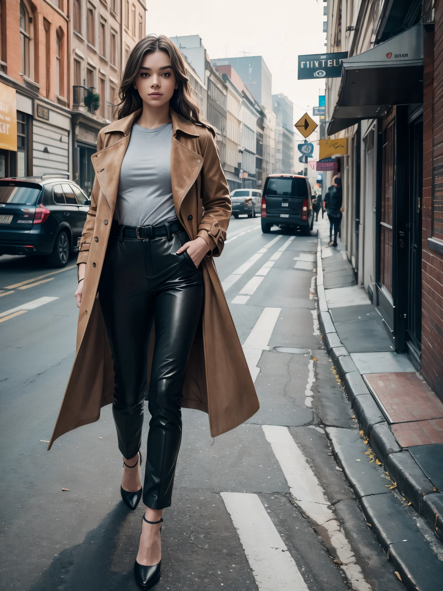 RAW photo, 8K photo of a beautiful woman, (breasts), (high detailed skin:1.2), 8k uhd, dslr, soft lighting, high quality, film grain, Fujifilm XT3, deconstructed vibrant pastel trench coat with assymmetrical cuts and a patchwork of suede and leather materials, soft color straight-fit trousers and a grey tee, leather high heels
