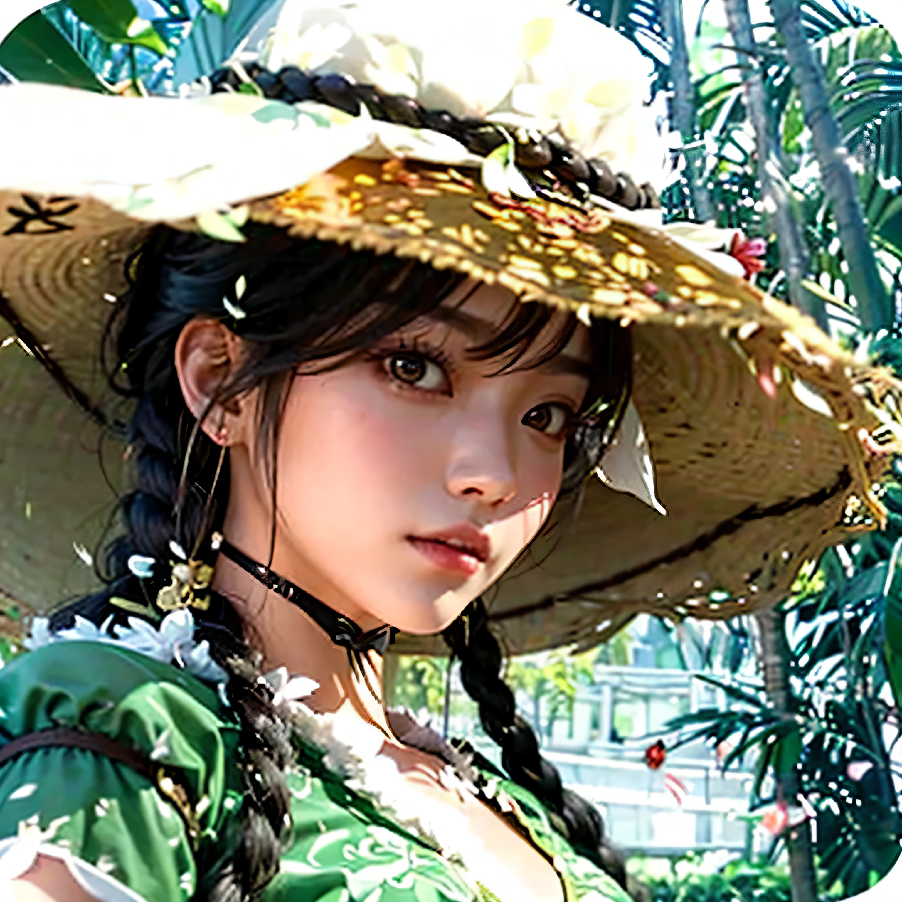 there is a woman wearing a hat and a green dress, as a character in tekken, inspired by Li Mei-shu, yun ling, mai shiranui, kunoichi, xianxia hero, inspired by Cao Zhibai, inspired by Leng Mei, inspired by Wu Zuoren, lei min, masuimi max, mei-ling zhou
