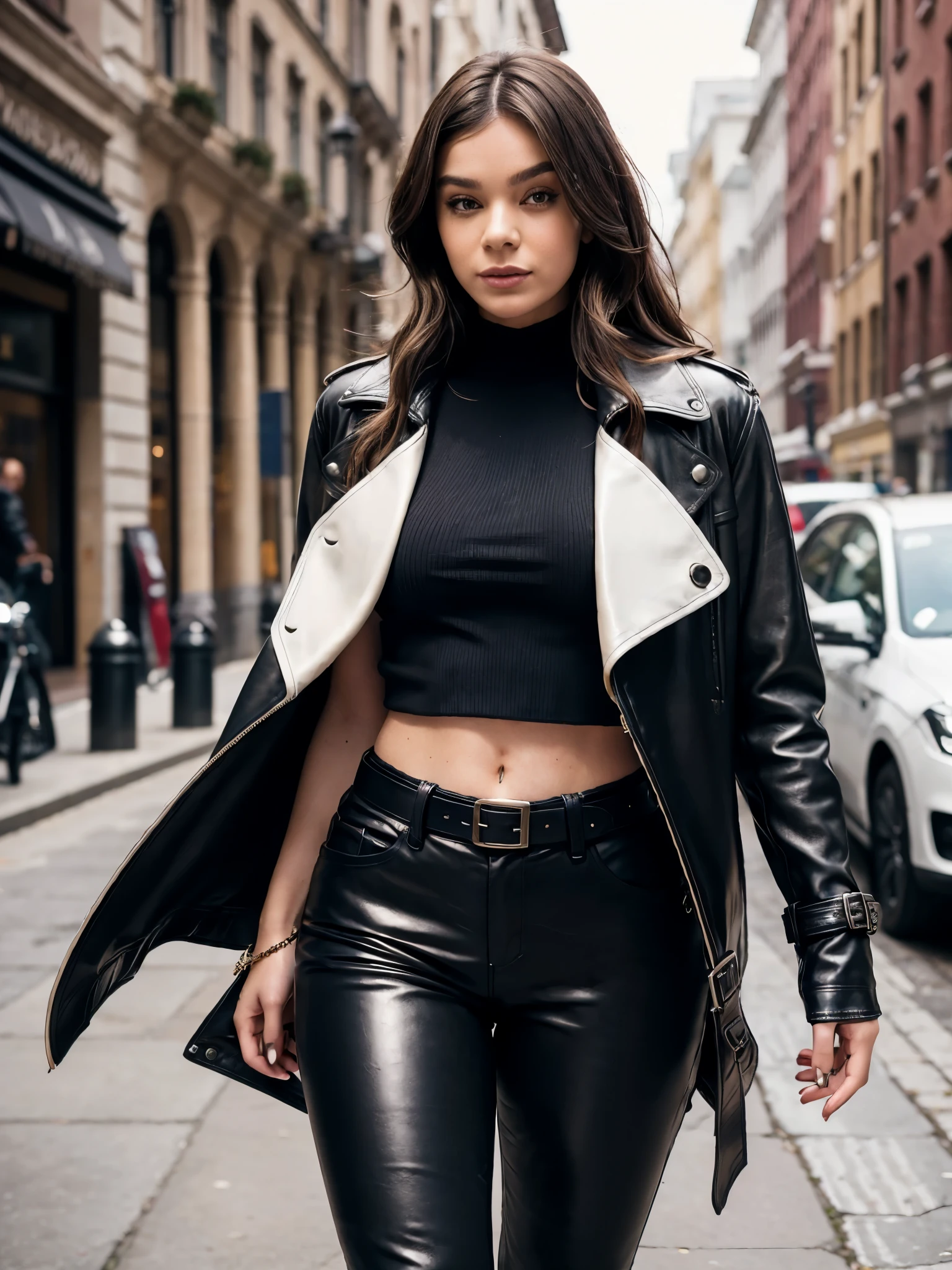 brunette woman in leather pants and a white top posing for a picture, leather pants | natural lighting, leather pants with a belt, leather clothes, leather, leather pants, woman is in a trenchcoat, wearing a leather trench coat, wearing black leather trenchcoat, elegant girl in urban outfit, leather clothing, wearing a full leather outfit, sexy look, leather coat