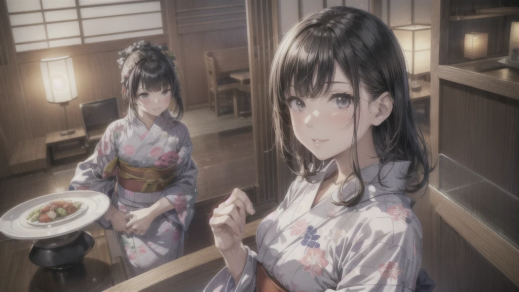 best quality、limbs intact、Full finger、1 beautiful woman、Beautiful plump woman:1.3、Brunette woman、Straight-haired woman、((woman wearing yukata in hotel:1.5))、Japanese-style rooms at the hotel、futon、Smile