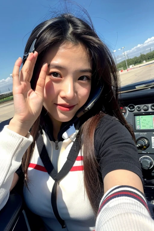 A pilot&#39;s girlfriend waves from the cockpit of a fighter jet　five fingers