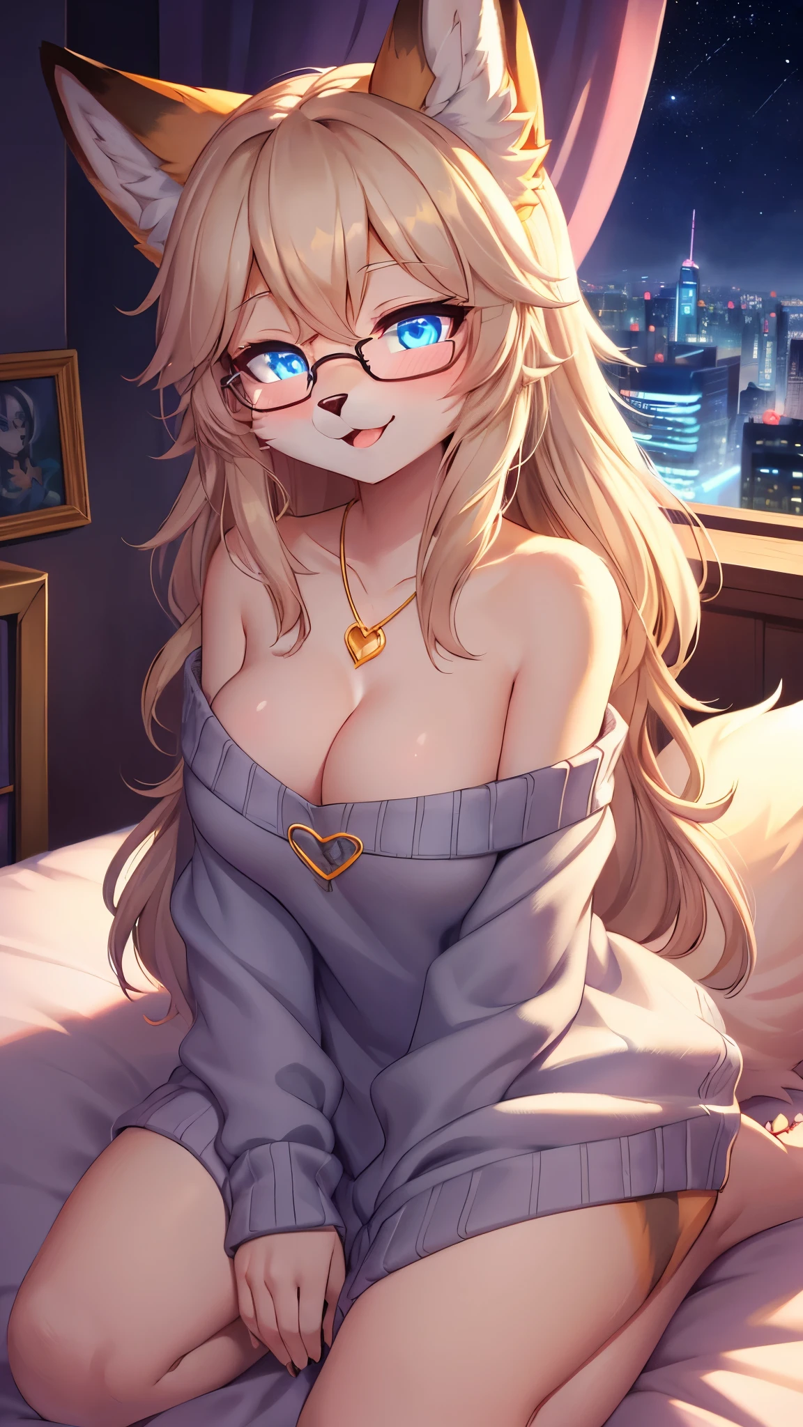 best quality,best resolution,(fluffy anthro furry :1.6),fox girl,blue eyes,glowing eyes,neon eyes,glistering eyes,medium breasts,gold long hair,wavy hair,neck fur,glasses,heart necklaces,grey sweater,off shoulder,cleaveage,kneeling in bed,romantic light,night,metropolis,full face blush,shy face,smile,open mouthheart eyes,heart expression eyes