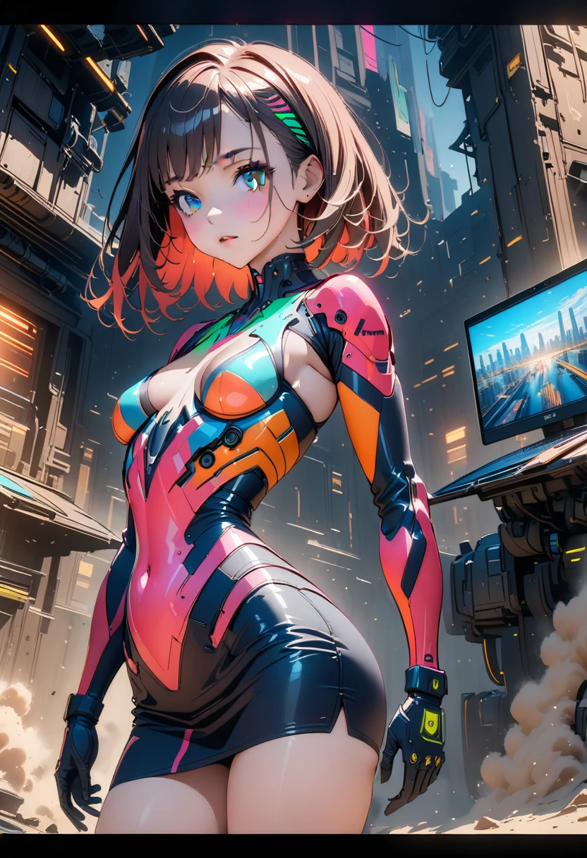 Color Portrait of a young girl, very sexy, modern style, comic book, cyberpunk, future, color fill, rich colors. Very graceful, standing half-turned, sporty posture, looking at the viewer. Tattoos on the body, fashionable short dresses, devices on the body. 2_The background depicts a majestic city of the future, an evening city, lights, illumination, and robots. 3_High image quality, 4K | Ultra HD | Full HD, cinematic comic book, 3D visualization_in comic book style - linear stroke, color fill, high-quality stroke - a masterpiece, TOP computer graphics ART. 8K, dark lighting, heavy shading. (vivid, anime, comic, creative, sharp focus, 8K). High detail of the drawing, lines, high-quality background (shades of cool tones, red, warm highlights, side lighting), Architecture, cyberpunk, futurism. Film grains, dust, and particles in the air.