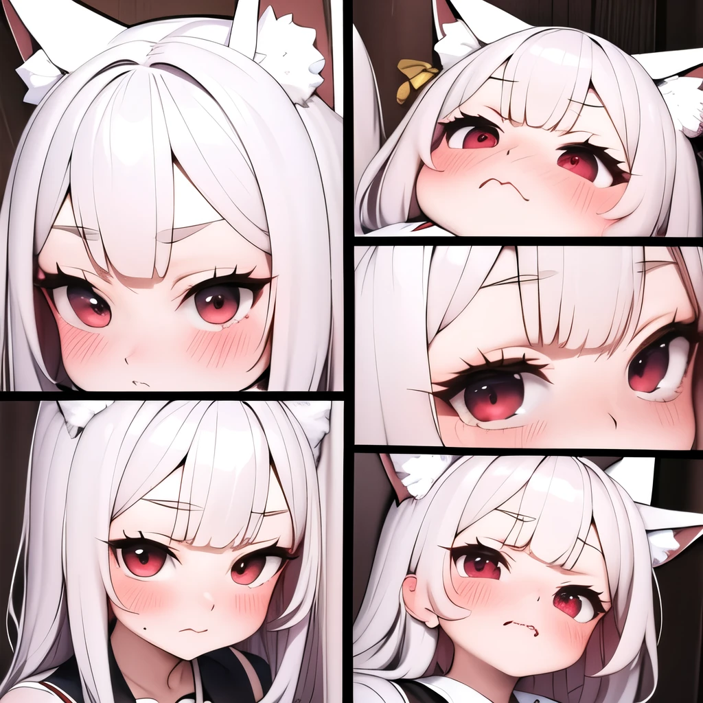 (masterpiece, best quality:1.2), Emoticon packages,red eyes，white hair，fox ears，pitiful，blush，looking down,multiple views