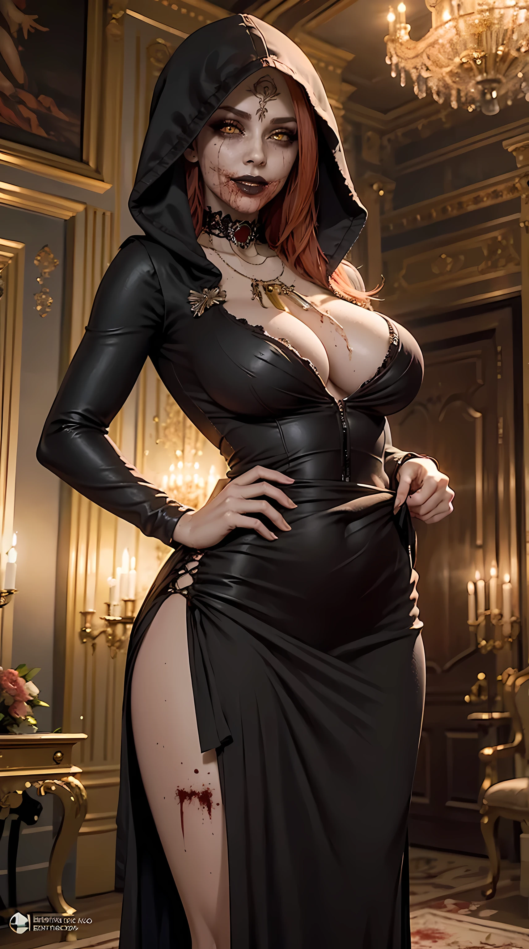 Beautiful red hair woman is shown to have a athletic figure, wearing a hood,  she is wearing a beautiful nsfw dress, jewelry, black lips, blood, dripping from mouth, yellow eyes, girl standing in a gala ballroom, sexy session, putting her hands on her waist, poseing, exposed cleavage, cowboy shot, superior quality, many details, realistic