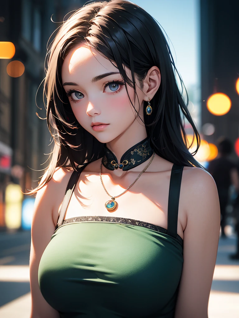 best quality, masterpiece, High resolution, a girl, cheongsam, necklace, jewelry, pretty face, big breasts, more than_Body, Tyndall effect, lifelike, dark studio, edge lighting, two-tone lighting, (HD skin: 1.2), 8K Ultra HD, SLR camera, soft light, high quality, Volumetric lighting, frank, photography, High resolution, 4K, 8K, Bokeh,