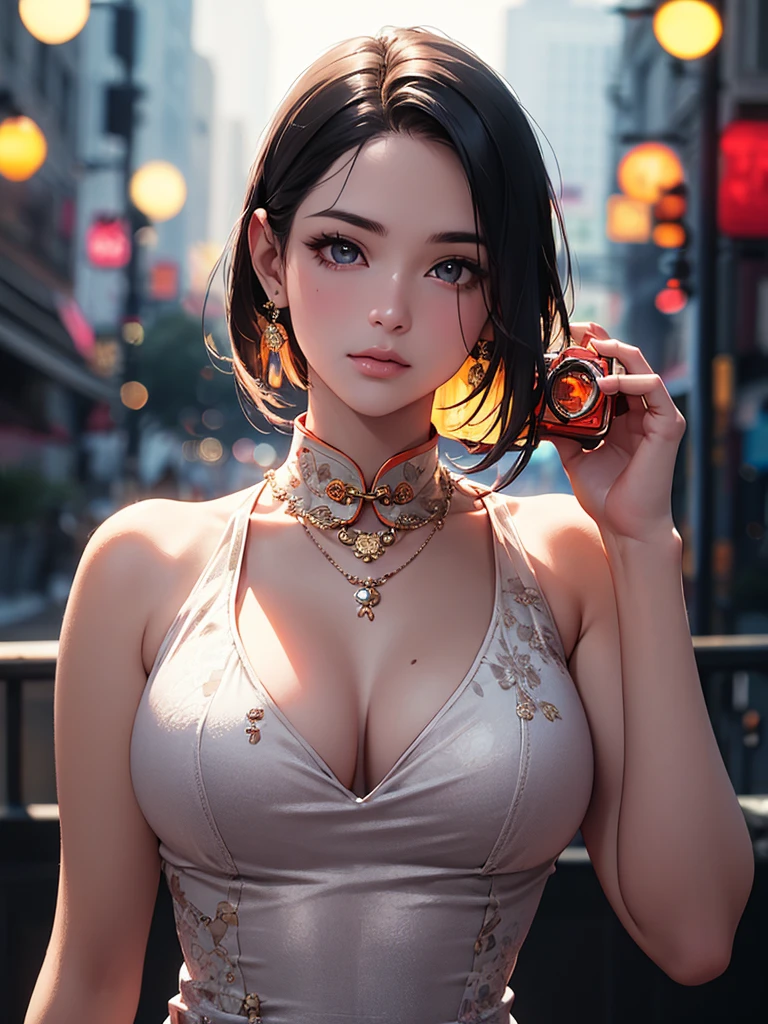 best quality, masterpiece, High resolution, a girl, cheongsam, necklace, jewelry, pretty face, big breasts, more than_Body, Tyndall effect, lifelike, dark studio, edge lighting, two-tone lighting, (HD skin: 1.2), 8K Ultra HD, SLR camera, soft light, high quality, Volumetric lighting, frank, photography, High resolution, 4K, 8K, Bokeh,