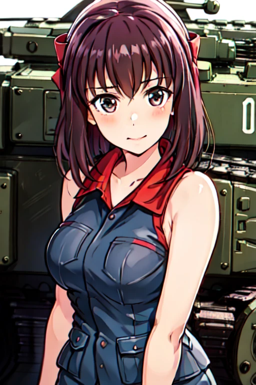 (best quality, masterpiece, megami magazine,ultra-detailed:1.2, Sharp, anime cels), (beautiful eyes, beautiful face, shiny skin), kondou taeko, (girls und panzer:1.5), midium hair, 1girl, solo, large breasts, (red headband, sportswear, sleeveless), navel,
looking at viewer, (perfect detailed anatomy, perfect detailed arms, perfect body), 