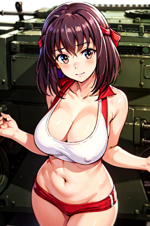 (best quality, masterpiece, megami magazine,ultra-detailed:1.2, Sharp, anime cels), (beautiful eyes, beautiful face, shiny skin), kondou taeko, (girls und panzer:1.5), midium hair, 1girl, solo, large breasts, (red headband, sportswear, sleeveless), navel,
looking at viewer, (perfect detailed anatomy, perfect detailed arms, perfect body),