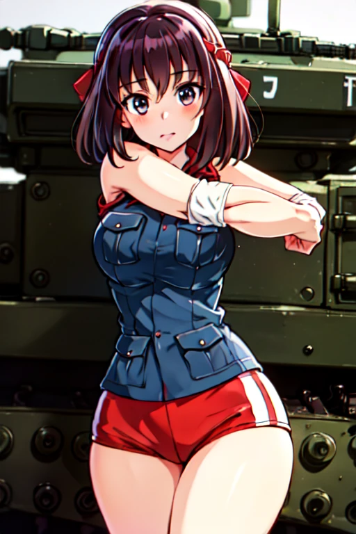 (best quality, masterpiece, megami magazine,ultra-detailed:1.2, Sharp, anime cels), (beautiful eyes, beautiful face, shiny skin), kondou taeko, (girls und panzer:1.5), midium hair, 1girl, solo, large breasts, (red headband, sportswear, sleeveless), navel,
looking at viewer, (perfect detailed anatomy, perfect detailed arms, perfect body), 