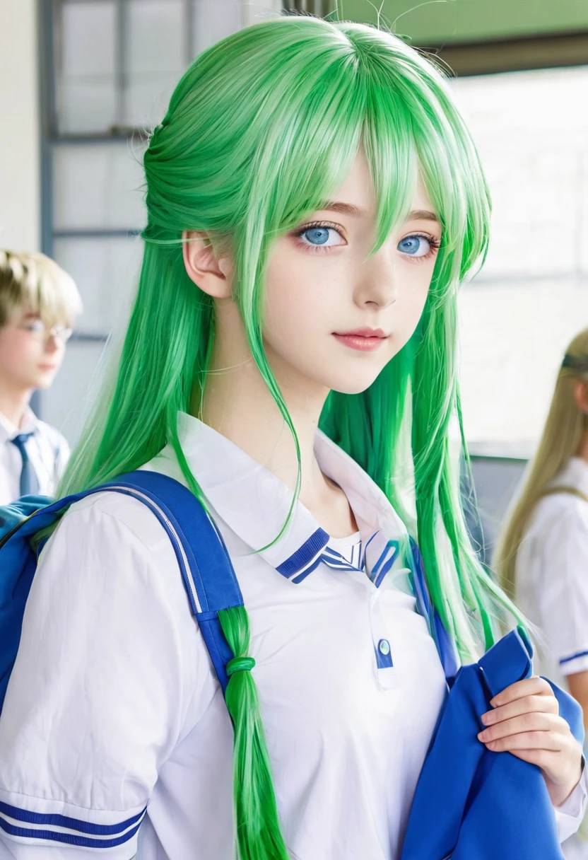 An anime girl with blue eyes, long green hair, and school clothes with a boy who has short white hair and blue eyes