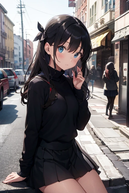 (masterpiece), best quality, expressive eyes, perfect face, 1 girl, alone, hurry, Rin Harusaka, aqua eyes, black hair, hair ribbon, long hair, ribbon, side lock, sides up, black skirt, black Raise your legs high, long sleeve, miniskirt, pleated skirt, ((red sweater)), skirt, sweater, Raise your legs high, 高领sweater, city background, sitting, character table, Upper body, portrait, looking at the audience