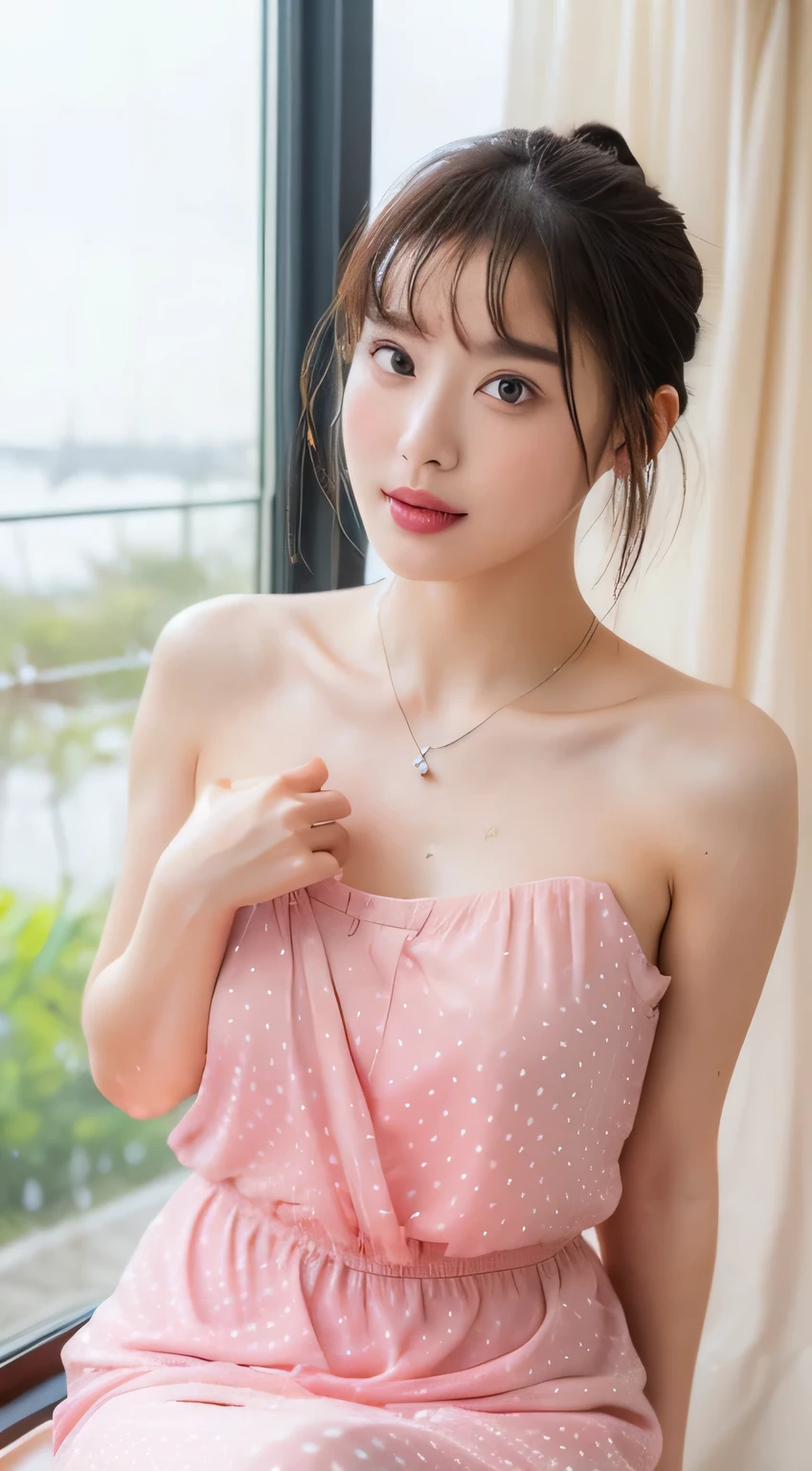 (highest quality, 4k, masterpiece :1.3), 
sharp focus, shallow depth of field, Bright colors, professional level, 
20-year-old, 1 person, (Half Japan and half Russian）, beautiful actress face, 
Supple body :1.3, model body shape:1.5, perfect style：1.4, 
narrow shoulders, beautiful clavicle, long and thin legs, 
The beauty of slim abs :1.2, thin waist :1.2, 
super detailed skin, Fair skin, Shiny skin, super detailed face, 
slim facial contour, beautiful small face, Beautiful lined nose, 
super detailed eyes, long slit eyes, brown eyes, double eyelid, Beautiful thin eyebrows, fine long eyelashes, 
super detailed lips, plump lips, glossy pink lips, flushed cheeks, beautiful teeth, 
Beautiful actress&#39;s ennui makeup, pink lipstick, 
dark brown hair, delicate soft hair, 
(hair up, short hair, ponytail:1.2), 
layer cut, (dull bangs:1.2), 
gentle smile, open mouth half way, Enchanted expression, stare at the camera, 
(Dress up in a see-through polka dot outfit:1.2), 
(stylish looking earrings,necklace,bracelet,gyuru,shiny nail art:1.2), 
(((photorealism,Shoot the whole body from the thighs))), ((The body is facing sideways)), 
dynamic lighting, 

(wet in the rain, wet in the rain, wet body :1.4), 
((She is posing naked and sexy with beautiful posture.:1.4)), 
The areola of the breast is beautiful:1.2, 
I&#39;m putting my hand between my crotches:1.2, 
(perfect breast shape, flat chest:1.2), 
It is a small pale pink areola., 
(She has a cute plump butt, My thighs are dazzling),

(Large terrace of a luxury hotel, The ocean horizon spreads out behind the large windows), 
Sitting with legs spread in a recliner, 
