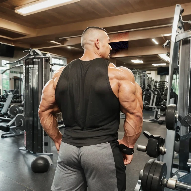 (one or two bodybuilders:1.4), (back view:1.4), (tank top:1.4), (at gym:1.4), 40's, Japanese man, manly face, fat face, (round face:1.4), (monolid eyes:1.2), (buzz cut:1.4), very large and strong body, bulky body, beefy muscles, (bulging muscles:1.4), (very large pectoral muscles:1.4), (muscular arms:1.4), muscular abs, muscular legs, muscular back, brightens oily skin, master piece, (realistic:1.4), panorama, distant view