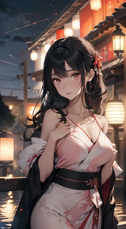 (((Extremely detailed CG unit 8k wallpaper, Masterpiece, ultra high resolution:1.2, top quality:1.2, on the table))), ((Very beautiful lady, no underwear, small:1.6, standing, Turn your butt toward the audience, immerse in water, sad expression)), ((The facial details are particularly rich, Highly detailed dark eyes, Extra detailed body, High quality real texture skin)), (A black-haired one, light pink eyeshadow:1.2, white skinned, Sexy black and red kimono:1.2, Off the shoulders, exposed buttocks, bare shoulders, exposed thighs), ((outdoor, night:1.8, lantern)), Surreal, Digital painting,